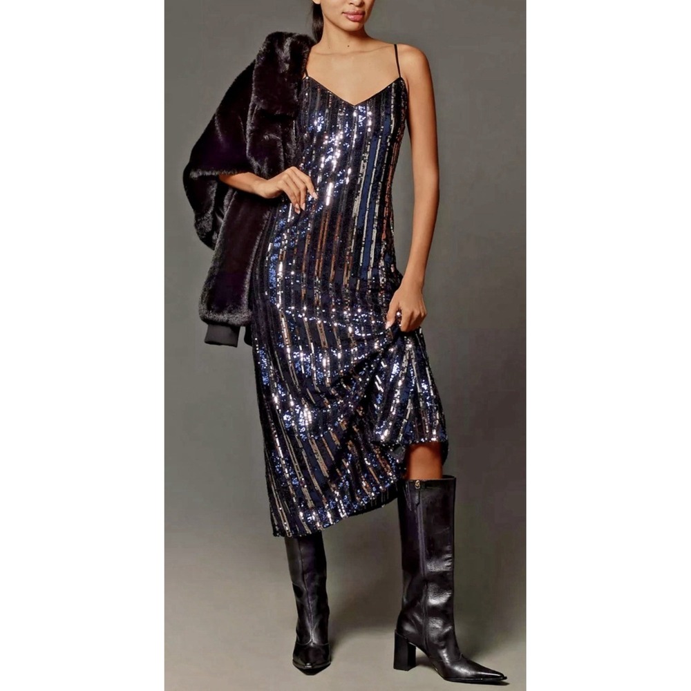 NWT Anthropologie Maeve Sequin Stripe Midi Dress L Sparkle Metallic Party Night